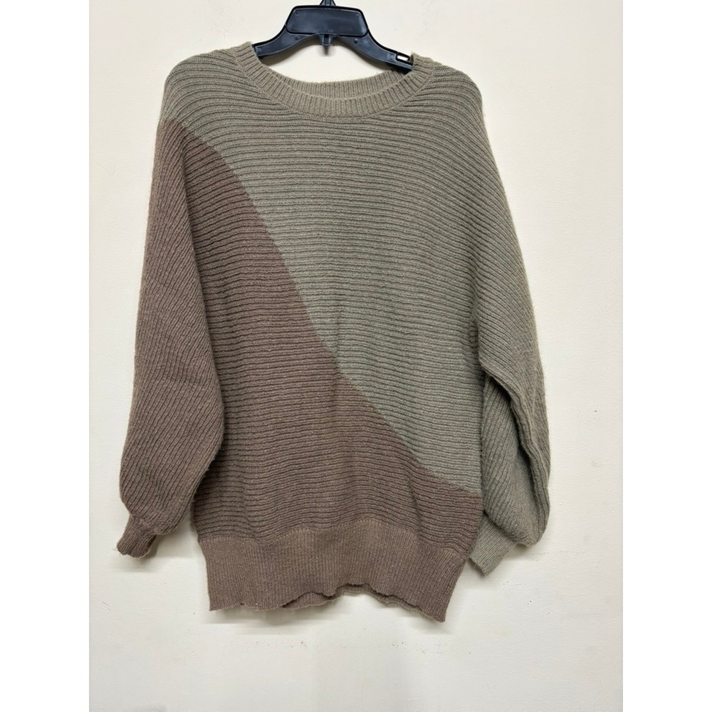 Angashion Ribbed Colorblock Sweater Small Taupe Olive Knit Pullover Relaxed‎